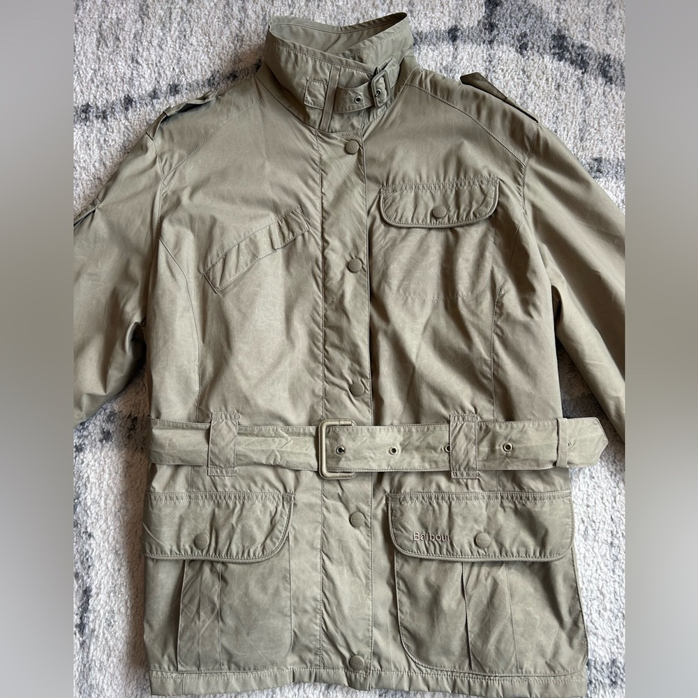 Barbour Belted Utility Jacket Khaki Beige Plaid Lining Size US 14 / UK 18 - Picture 5 of 11